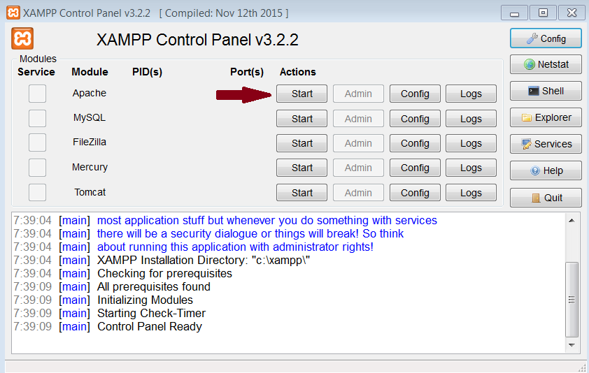 control panel XAMPP